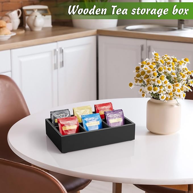 DRASTAR Tea Bag Organizer, Tea Bag Drawer Organizer, Wooden Tea Bag Holder, Tea Chest with 6 Compartments, Tea Organizer Storage Box, Tea Caddy for Tea Bags Organizer, Black