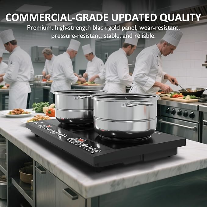 Sunvivi Portable Induction Cooktop: 2 Burners in 1, Commercial-Grade Electric Countertop Stove with LED Touchscreen, 8 Power Levels & Precise Temp Control (176°F-518°F), Independent Timer, Black