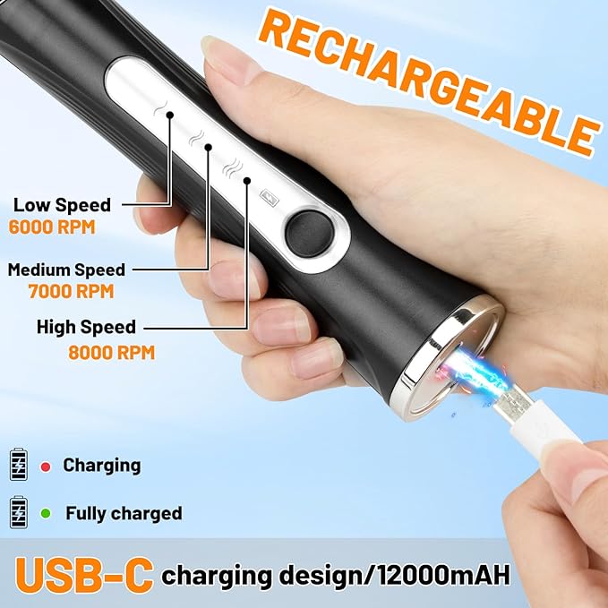 TonJin Milk Frother USB C Rechargeable New Upgraded Handheld Frother Wand with 2 304 Stainless Whisks 1 Stand, 3 Speeds Electric Coffee Whisk Frother for Lattes, Cappuccino, Egg, Matcha, Black