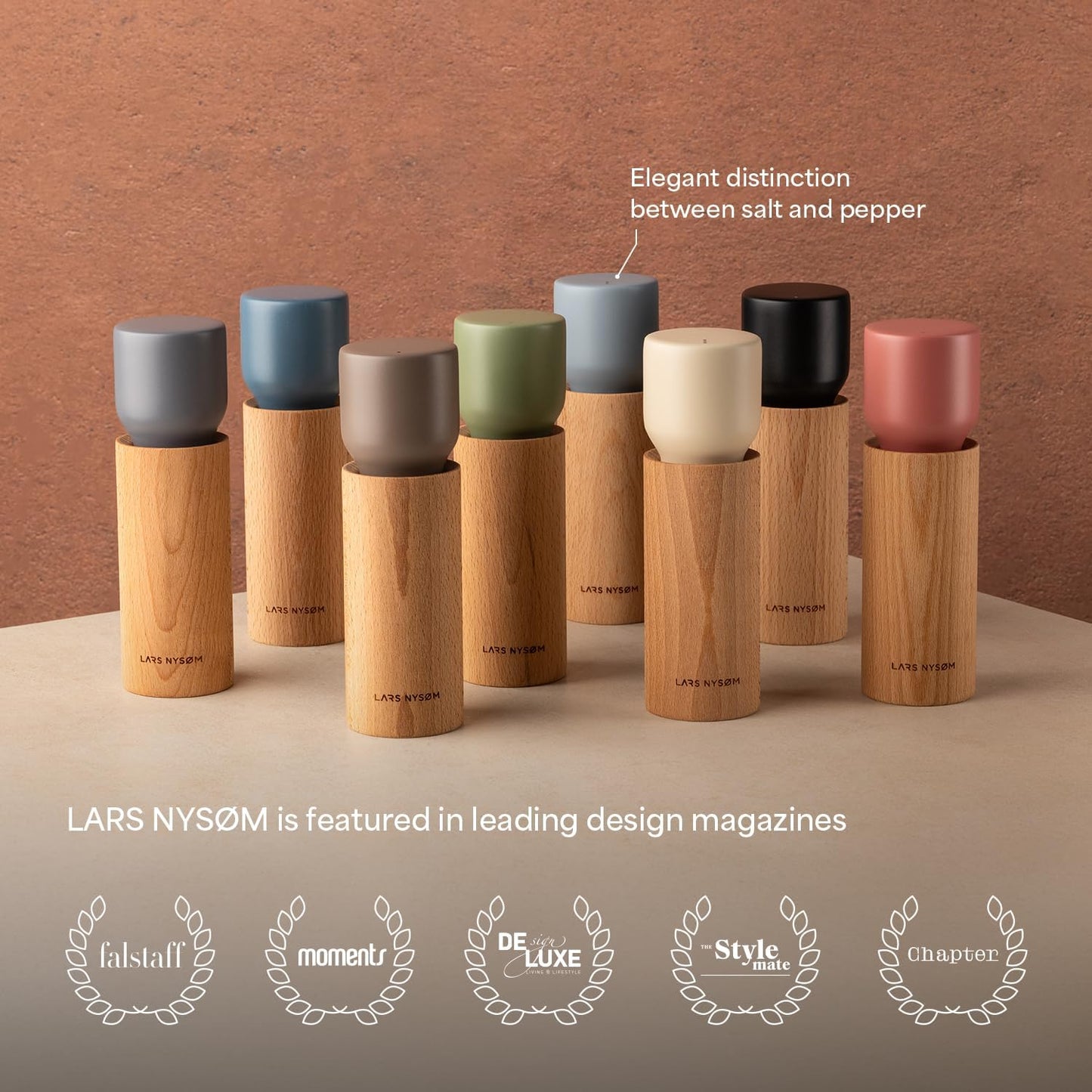 LARS NYSØM Wooden Salt and Pepper Grinder Set Manual with Tray - Salt and Pepper Mills with Adjustable Ceramic Grinder - Elegant Beechwood Pepper and Salt Mill Set for Dining Table (Blue)