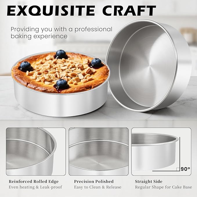 8 Inch Cake Pan - 3PCS Stainless Steel Round Layer Cake Baking Pans with 100 PCS Parchment Paper, Round Bakeware for Party Birthday Wedding, Mirror Finish & Dishwasher Safe