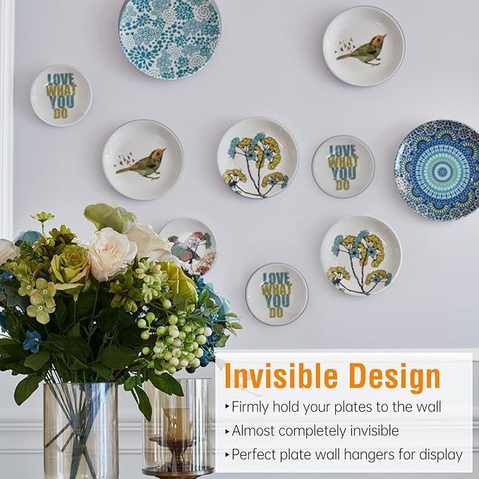 Bilillo 14 pcs Plate Hangers for The Wall, 4/6/8/10/12 Inch Invisible Plates Hangers, Stainless Steel Plate Wall Holders for Display Various Sizes with Hooks for Decorative Silver