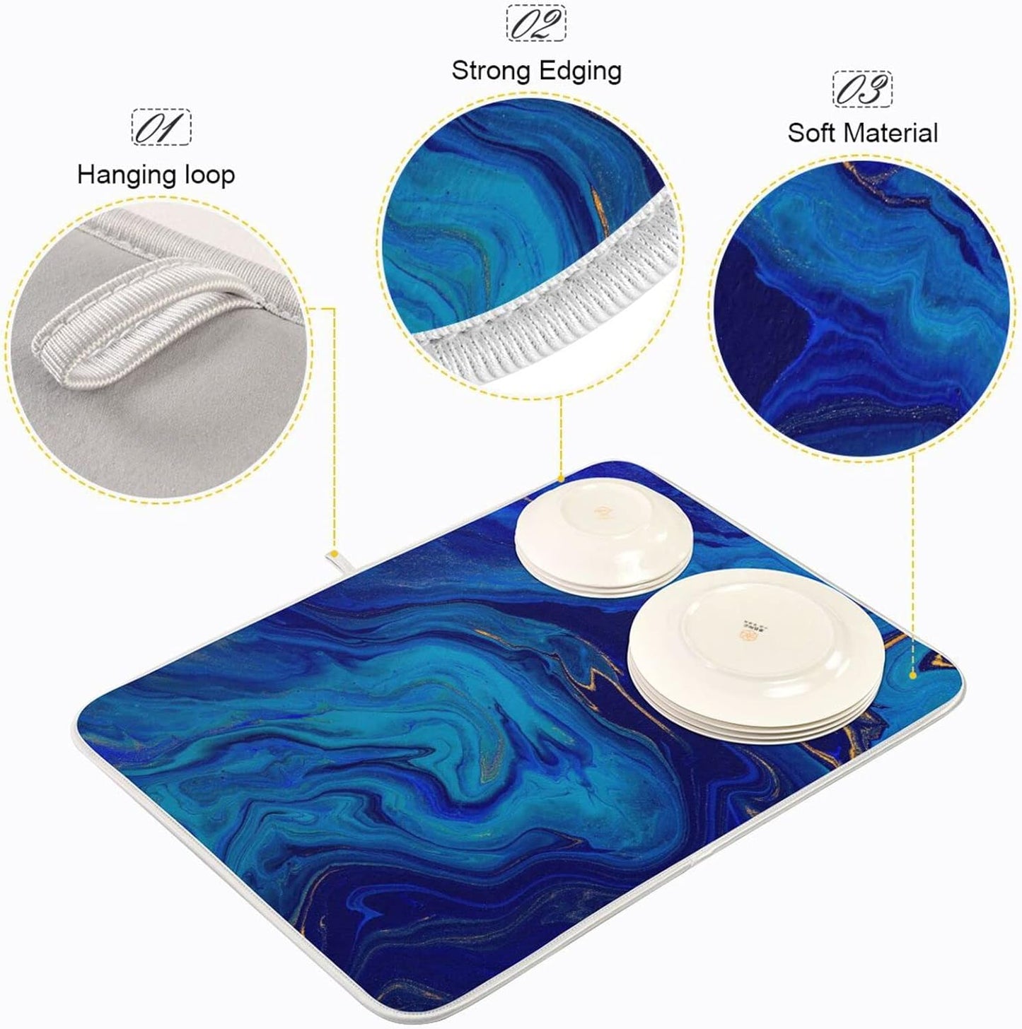 Super Absorbent Dish Drying Mat, Microfiber Fast-Drying Dish Mat, 24" x 18", Kitchen Dish Drying Pad, Navy Blue Gold Marble