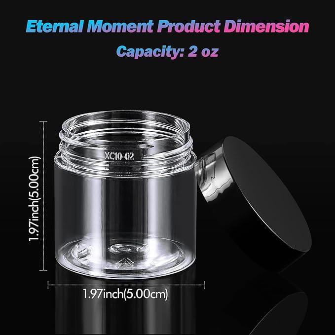 50 Pack 2 OZ Plastic Jars Round Clear Cosmetic Container Jar with Lids, Eternal Moment Plastic Slime Jars for Lotion, Cream, Ointments, Makeup, Eye shadow, Rhinestone, Samples, Pot, Travel Storage