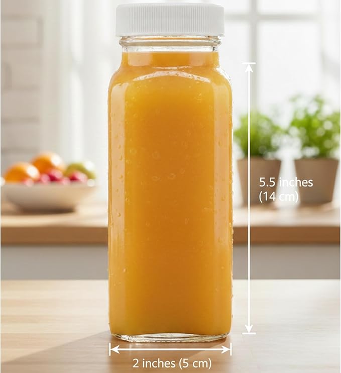 kitchentoolz 8oz Square Glass Juice Shot Bottle with Lid – 6 Pack 8 oz Milk Glass Bottles with Lids for Lunch Box, Airtight Reusable Drinking Jars for Smoothies, Yogurt, Kefir, Juice & Water
