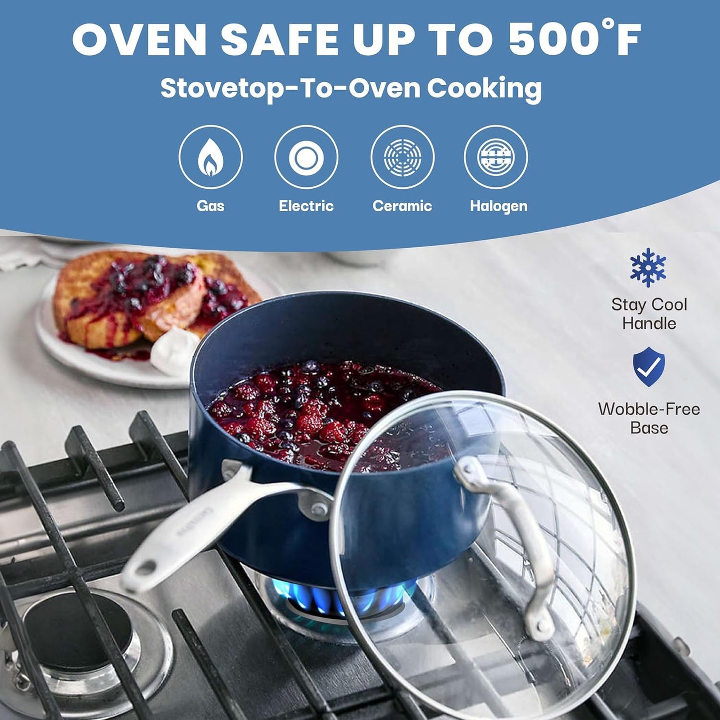 Granitestone 15 Pc Kitchen Pots and Pans Set Non Stick, Kitchen Cookware Sets, Pot and Pan Set, Nonstick Cookware Set, Diamond Coated Non Stick Pots and Pan Set, Dishwasher Safe - Blue