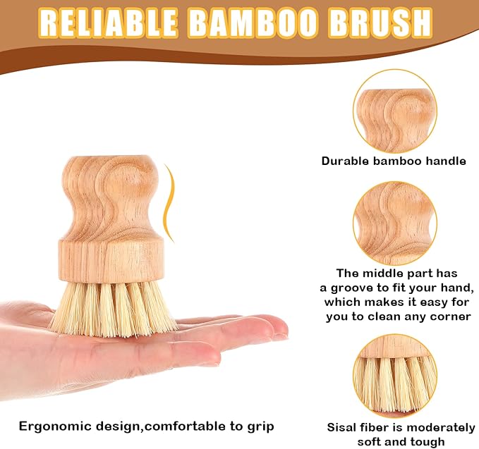 Nuenen 6 Packs Bamboo Dish Scrub Brushes Wooden Scrubbers Set Kitchen Dishwashing Scrubber with Natural Sisal Bristles for Iron Pot Pan Sink(Sisal)