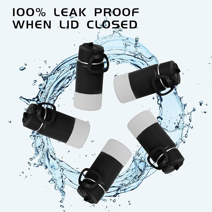Volhoply 14oz KIds Water Bottle with Straw Lid and Silicone Boot Bulk 6 Pack,Stainless Steel Insulated Cups for Boys & Girls Multipack,Double Wall Vacuum Leakproof Bottles(Black,6)