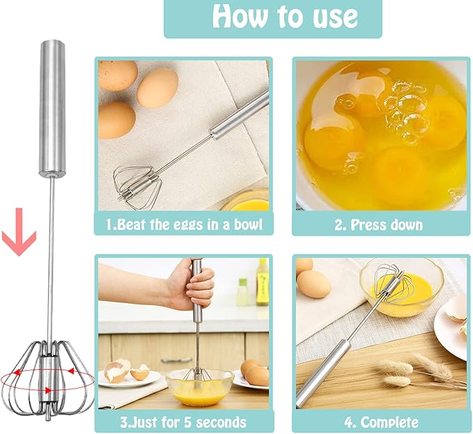 Semi-automatic Whisk, Stainless Steel Egg Beater, Hand Push Rotary Whisks Mixer Stirrer for Making Cream, Whisking, Beating and Stirring (10+12Inch)