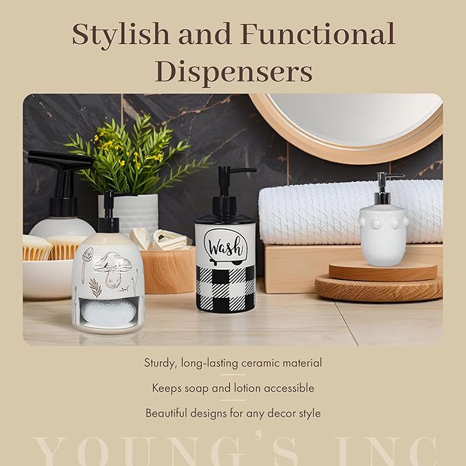 Young's Inc Ceramic Soap Dispenser, Happy Camper Buffalo Plaid Shampoo and Conditioner Dispenser, Modern Bathroom Essential with Plastic Pump, 5"