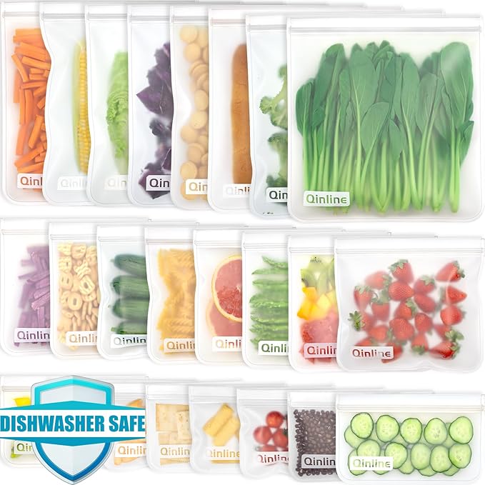 Qinline Reusable Food Storage Bags - 24 Pack Dishwasher Safe Freezer Bags, BPA Free Reusable Bags PEVA material, Leakproof Reusable Lunch Bag for Salad Fruit Travel - 8 Gallon 8 Sandwich 8 Snack Bags