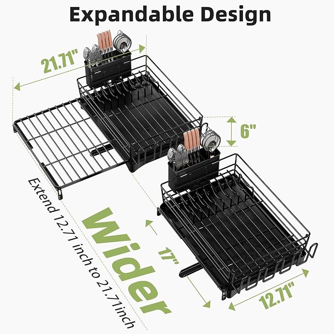 Ekisemio Expandable Dish Drying Rack for Kitchen Counter, Large Capacity Dish Drainer with Utensil Holder & Drip Tray, Space Saving Organizer (12.7"-21.7" x 17"), Black