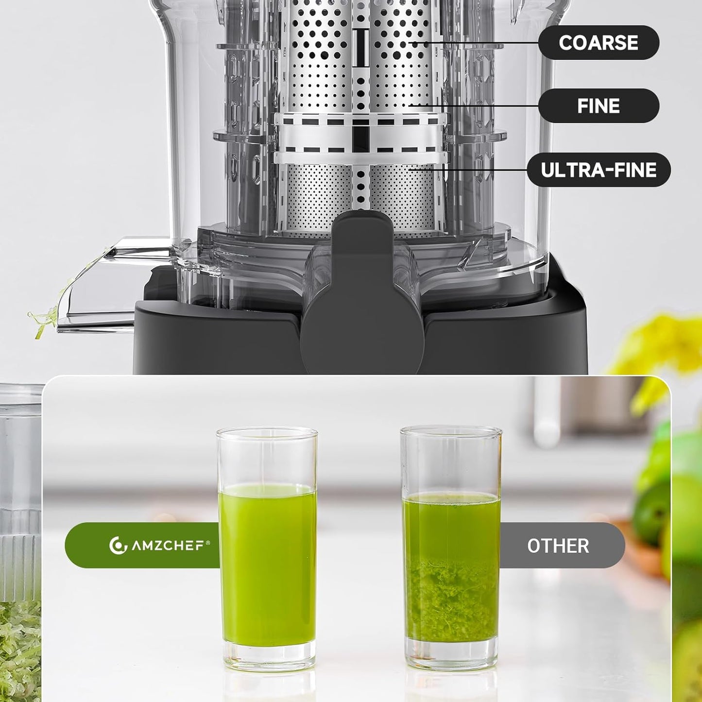 AMZCHEF Cold Press Juicer, 5.2" Juicer Machines with Large Feed Chute for Whole Fruits & Vegetables, Stainless Steel Juice Extractor with Large Auger, Triple Strainers, Easy Cleanup & Assembly