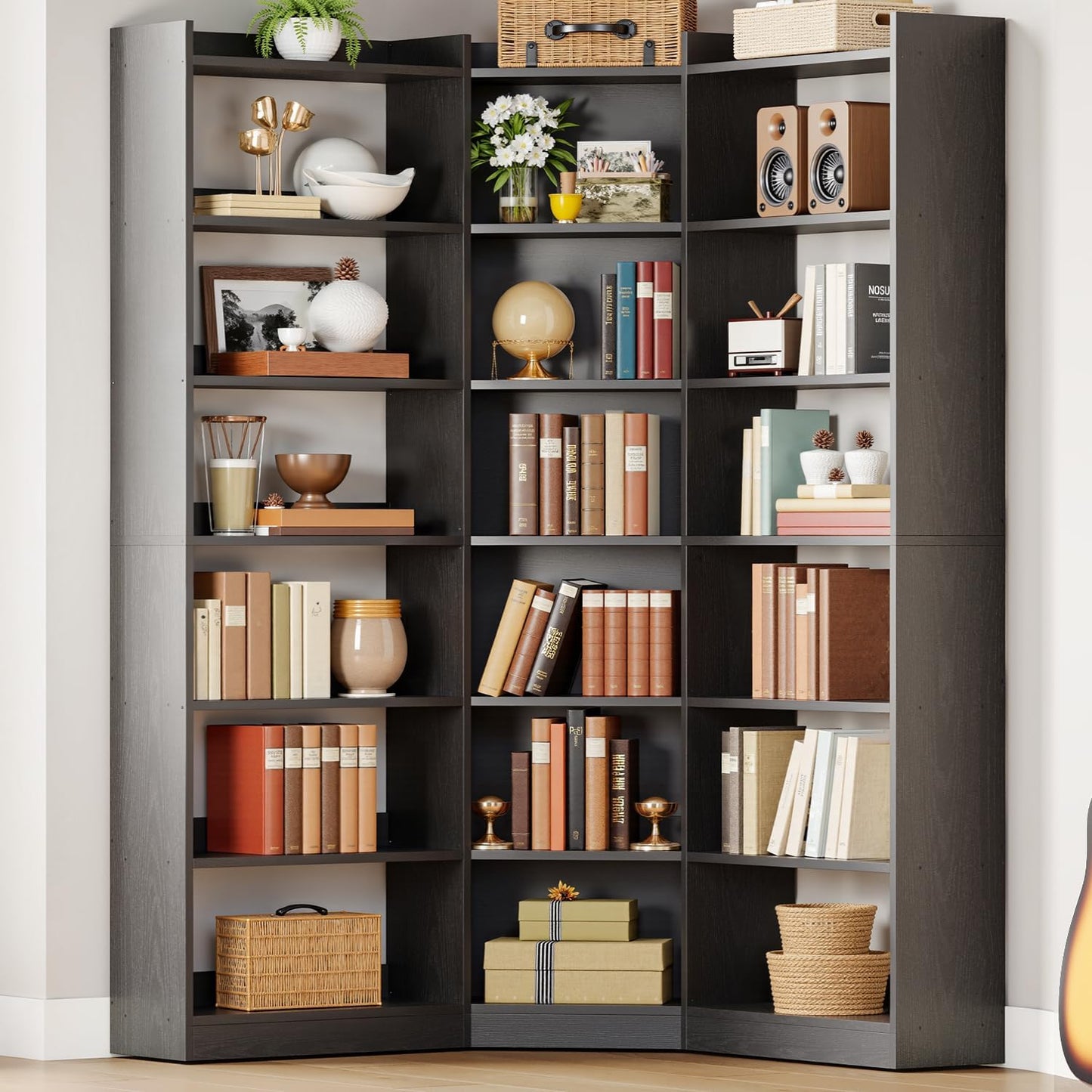 IRONCK Corner Bookshelf, 7-Tier Bookshelf with Storage, Corner Bookcases with Baffles Etagere Shelf for Living Room Home Office Bedroom, Black