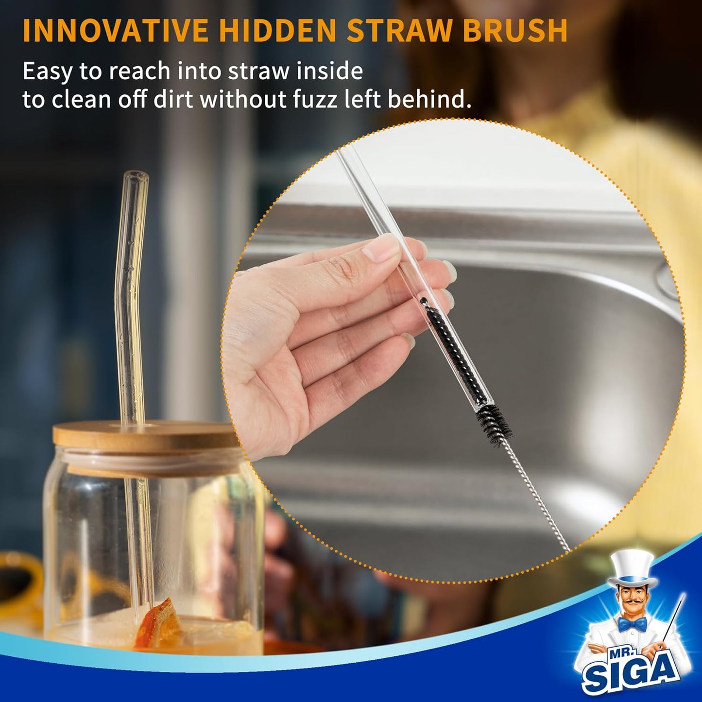 MR.SIGA Water Bottle Brush and Straw Cleaner Brush, Long Handle Bottle Cleaner Brush, 2 in 1 Bottle Cleaning Brush for Sports Bottles, Baby Bottles, Mugs, Straws