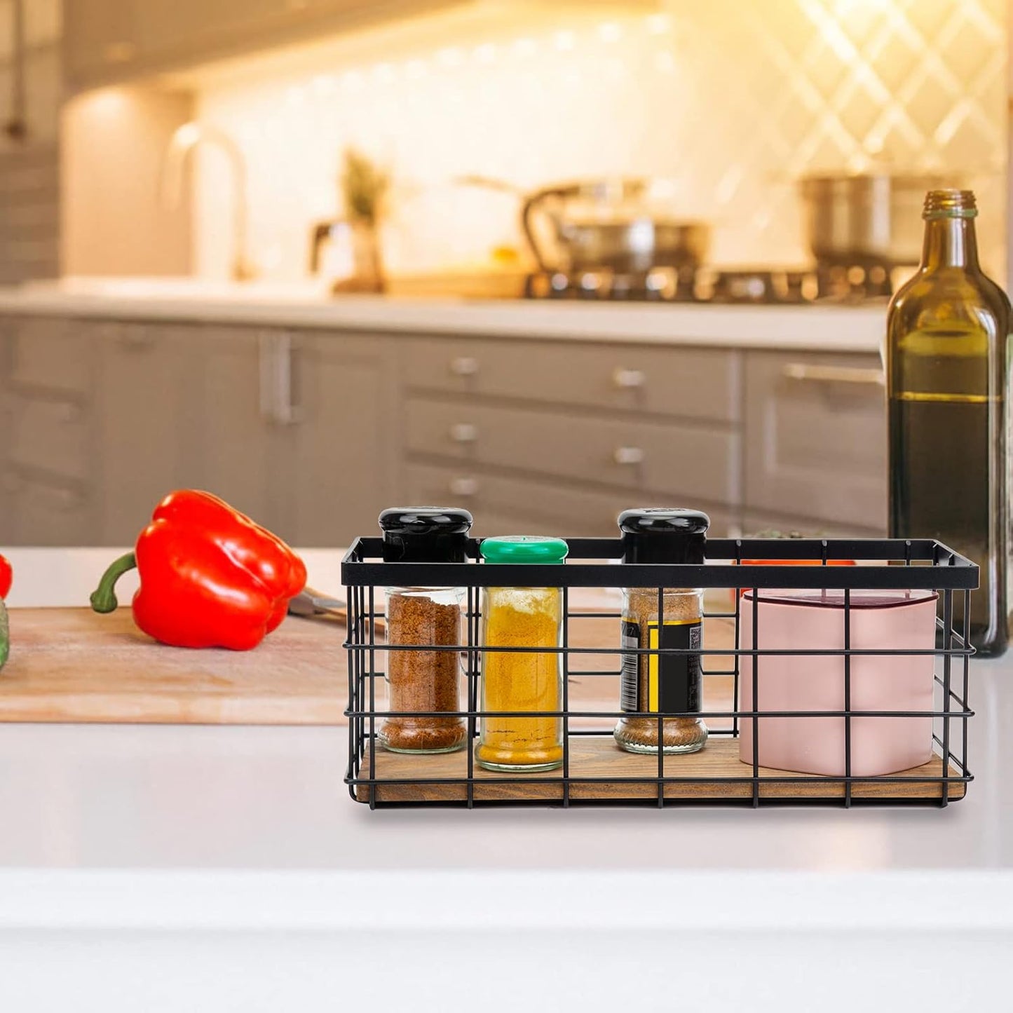 TIEYIPIN Farmhouse Small Metal Wire Storage Basket Bin, Rustic Home Storage Organizer with Wooden Bottom for Kitchen, Cabinets, Bathroom Counter, Pantry, Garage, Laundry Room - Black