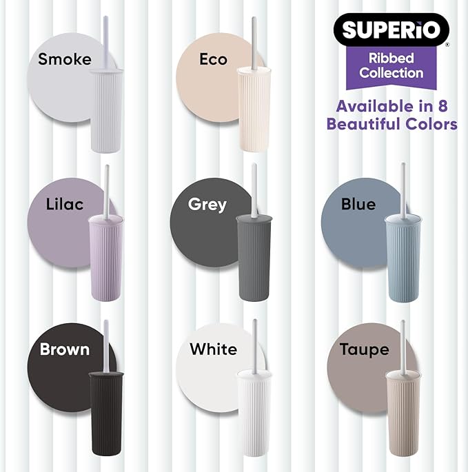 Superio Ribbed Collection - Decorative Plastic Toilet Bowl Brush and Holder Set, Taupe (1 Pack) Cleaner Scrubber for Bathroom