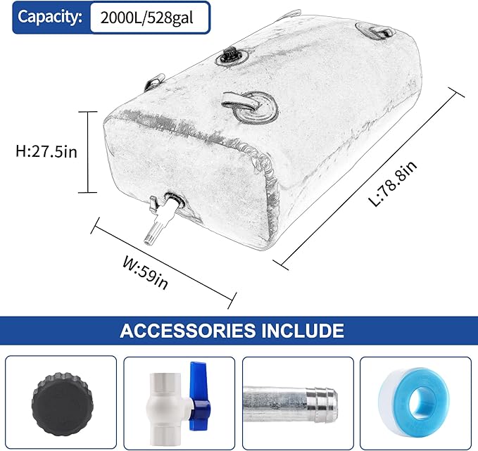 2000 L/528 Gal Water Bladder Tank, Foldable Portable Water Storage Container, Emergency Water Bag for RV, Truck Bed, Fire Prevention, Drought Resistance, Blue