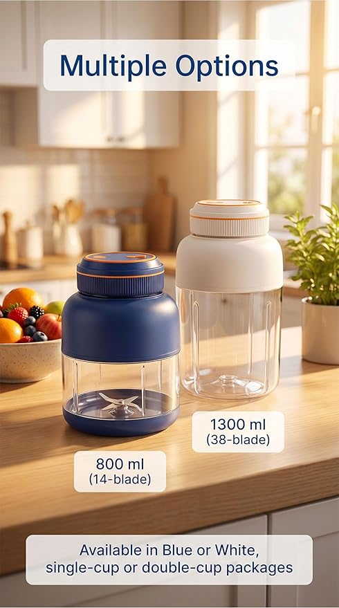 Portable Wireless Juicer Cup - 44 oz Cordless Blender with 38-Blade 18000 RPM High-Speed Motor, USB-C Rechargeable Personal Smoothie Maker for Gym, Travel, and Outdoors (Double Cup-Blue,44oz)