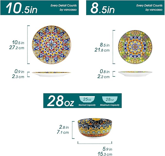 vancasso 12 Pieces Dinnerware Sets, Plates and Bowls Set, Porcelain Dishes Set for 4, Microwave and Dishwasher Safe, Scratch Resistant, Bohemian Style Dining Ware Service for 4, Series SIMI
