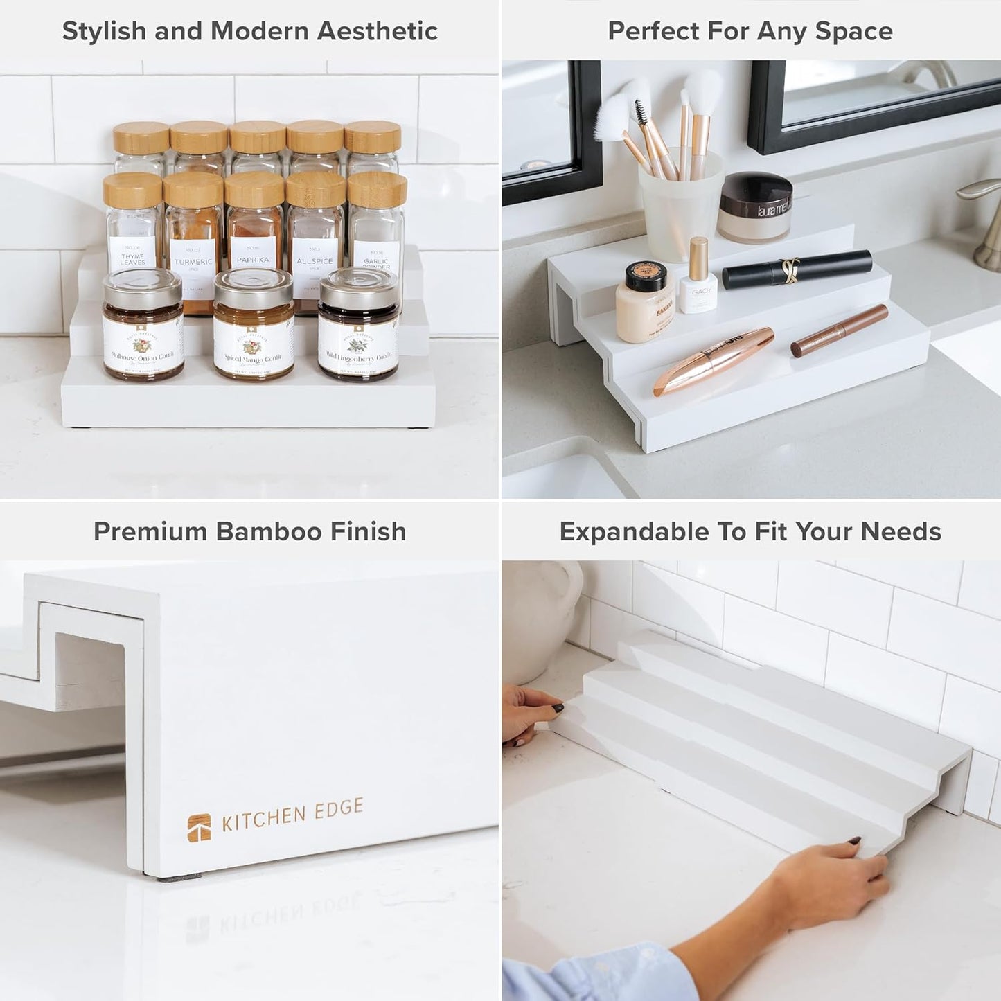 KitchenEdge Expandable Spice Rack Organizer for Cabinet, 3-Tier Shelf for Spice Organization (11” to 22”), Fits 36 Spice Jars, Seasoning and Pantry Storage, Non-Slip Feet, 100% Bamboo, White Finish