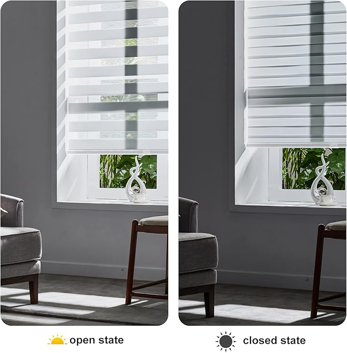 Persilux Custom Size Cordless Zebra Blinds for Windows Free-Stop Roller Windows Shades Dual Layer Light Control for Day and Night, Light Filtering Sheer Shades for Home White