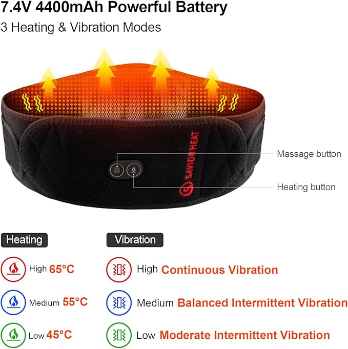 Heating Pad Lower Back Massager Wrap for Back Pain Relief, Heated Waist Belt with Vibration Massage 7.4V 4400mah Battery Heat Therapy, for Lower Back Lumbar Waist Abdominal Stomach Spine