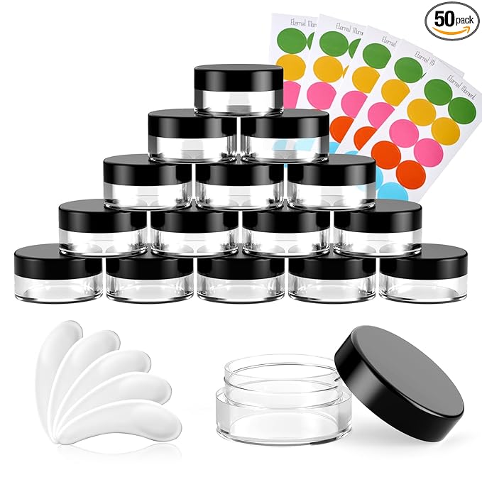 50 Pack 3 Gram Sample Containers with Lids, Small Plastic Cosmetic Jars, Makeup Travel Container Jar for Cream, Bead, Eye Shadow, Jewelry, Lotions, Powders, Glitters Lip Gloss with Labels,Spatulas