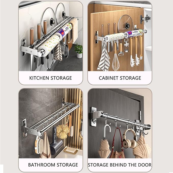 Hanging Wall Mount knife Wall Mount, Kitchen Organizer Storage Shelf for Utensils Spatula Spoon, Space-Saving Knife Rack with Hooks,Wall-Mounted Utensil Holder (Grey, 60CM+Three Poles+10Hooks)