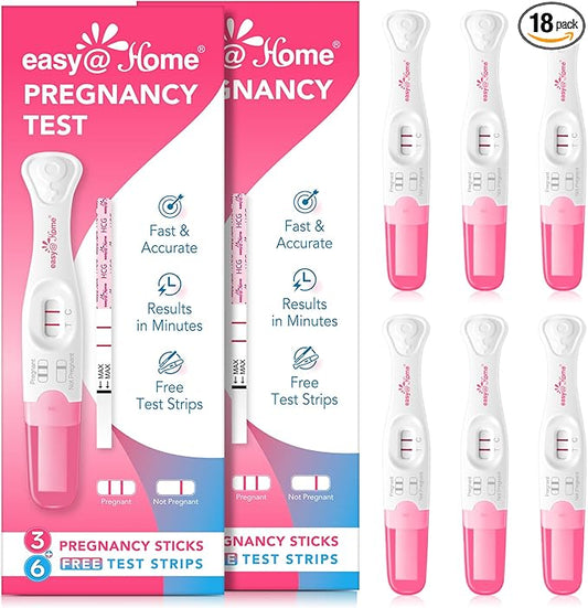Easy@Home Pregnancy Test Sticks: Reliable & Early Detection - Accurate Results in Minutes - Easy to Use at Home | Pregnancy Tests with Curved Handle - 6 Sticks + 12 Strips