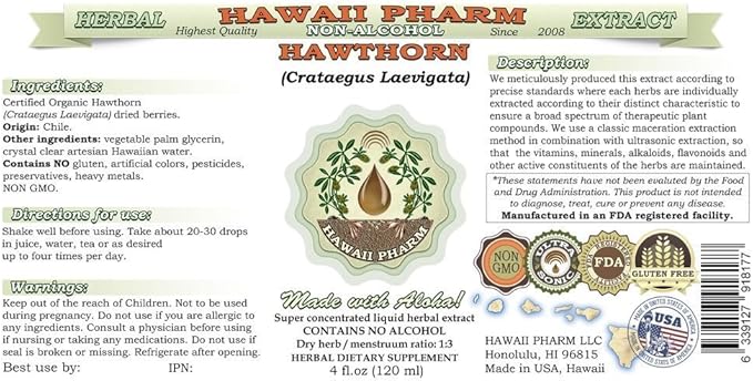 Hawthorn Alcohol-Free Liquid Extract, Hawthorn (Crataegus Laevigata) Dried Leaf and Flower Glycerite Hawaii Pharm Natural Herbal Supplement 2x2 oz