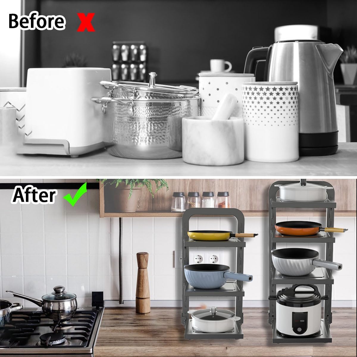 Pots and Pans Organizer Under Cabinet,4 Tier Adjustable Cabinet Pan Organizer Rack, 25''Heavy Duty Pot Rack,Pot lid organizer for Kitchen Pantry to Store Dutch Ovens,Cast-Iron Pans(4L-A)
