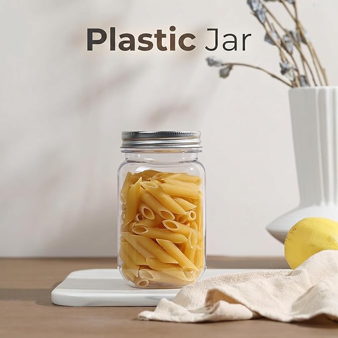 novelinks 16 oz Clear Plastic Jars with Lids, Refillable 16oz Mason Jars with Lids & Storage Containers for Kitchen & Household Use (24 Pack,Silver)