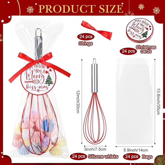 24 Sets 12 Inch Christmas Whisks Gifts DIY Fillable Christmas Tree Ornaments Xmas Colored Silicone Whisks for Cooking Heat Resistant Egg Beaters with Card Rope Bag for Candy Holder