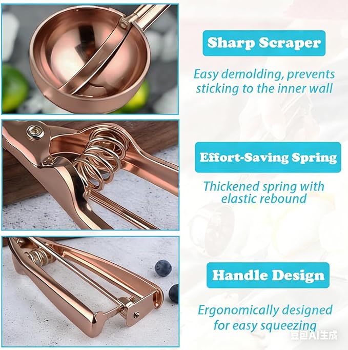 Gold Ice Cream Scoop Stainless Steel Cookie Scoops for Baking Melon Baller with Trigger 3 Sizes (Rose Gold, L)