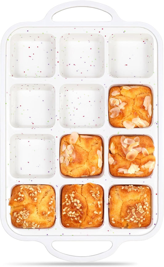1 Pc Brownie Pan With Dividers Silicone Nonstick Mini Individual 12 Cup Square Muffin Cupcake Pans with Metal Frame(Cream)