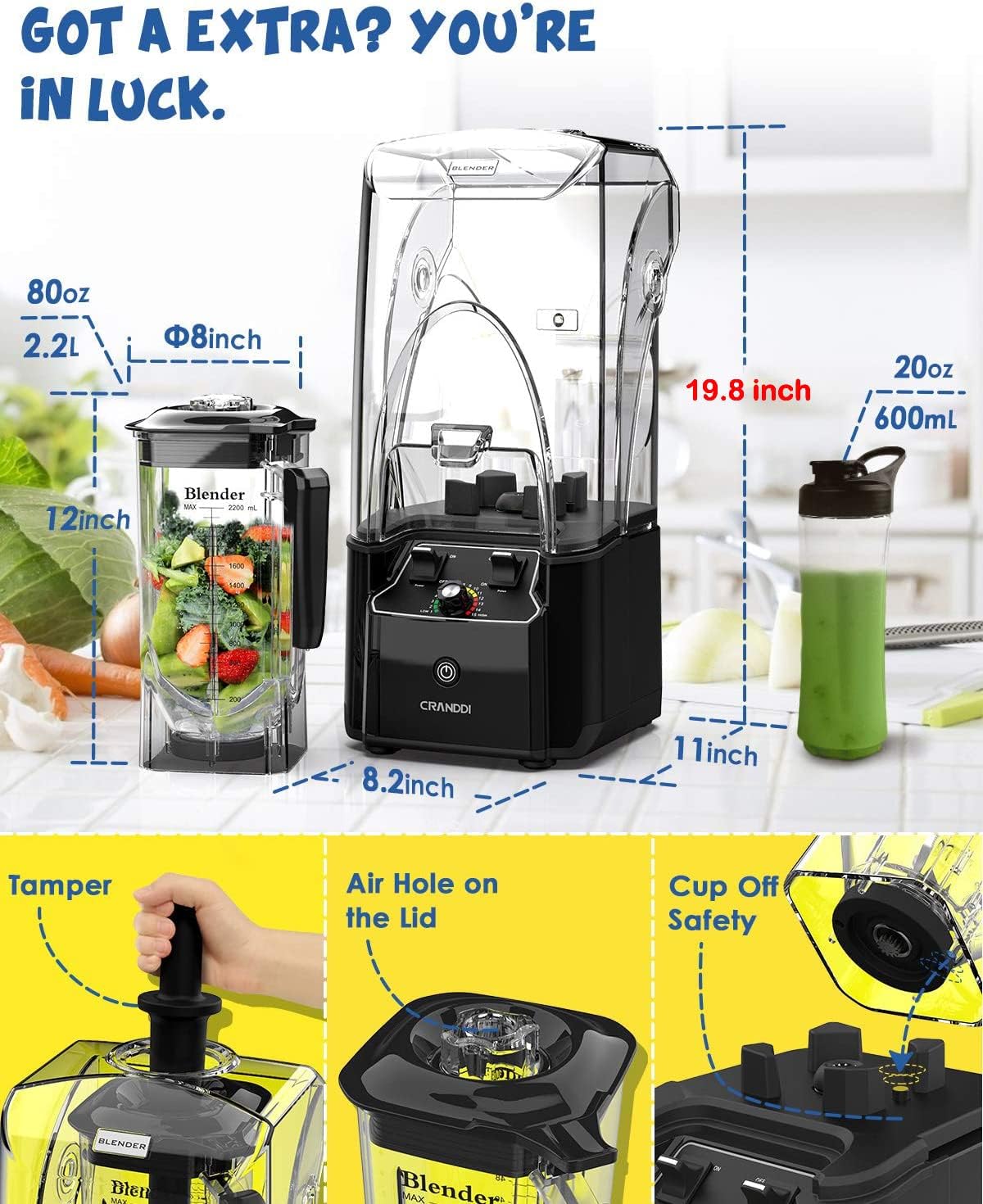 CRANDDI Quiet Commercial Blender with Soundproof Shield, 2200 Watt Professional Blenders for Kitchen with 80oz Jar and Self-Cleaning, High-Speed Blenders K90 Black