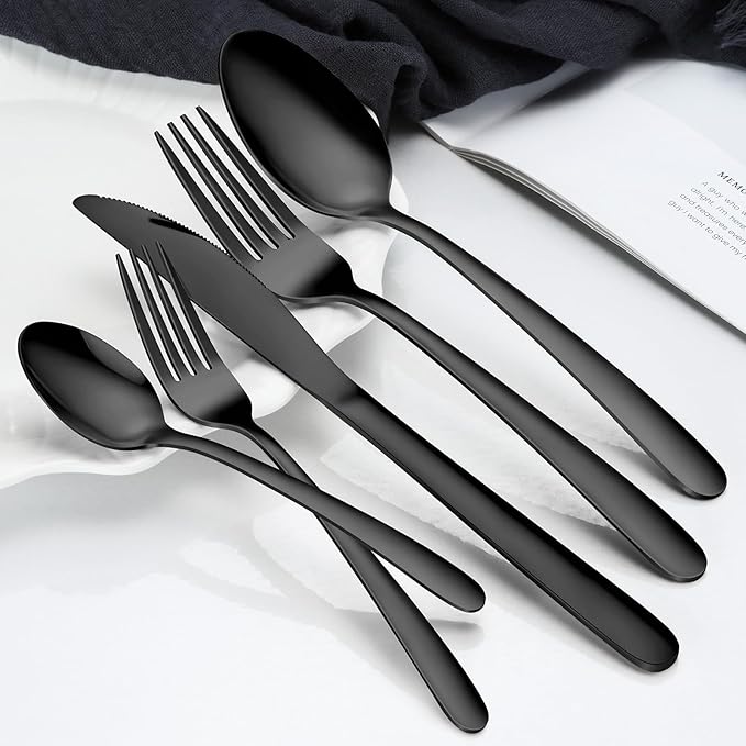 Hunnycook Silverware Set - 40PCS Stainless Steel Silverware Set for 8, Includes Forks Spoons and Knives, Utensil Sets for Home Kitchen Restaurant, Dishwasher Safe, Black