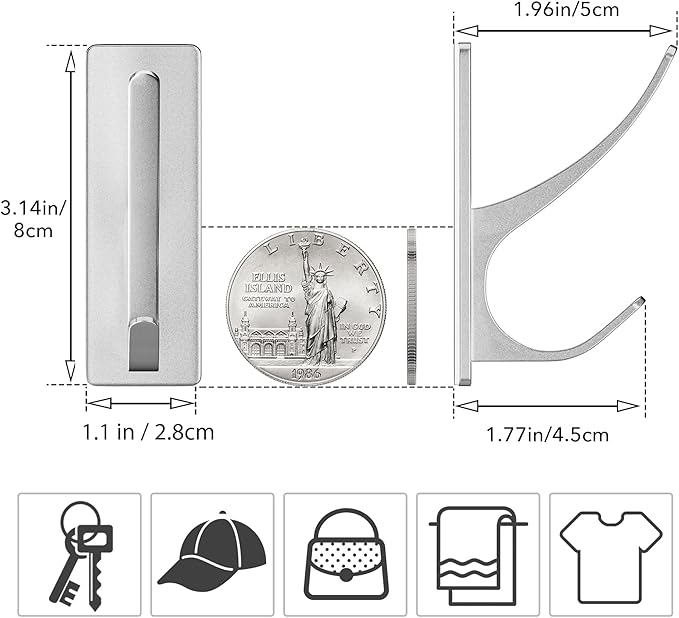 pickpiff Stick on Hooks for Hanging, Extra Sticky 6KG (Max), Coat Hook on Door for Towel Coat Hat Key, Self Adhesive Hangers Wall Mounted, Silver, 6 Pack