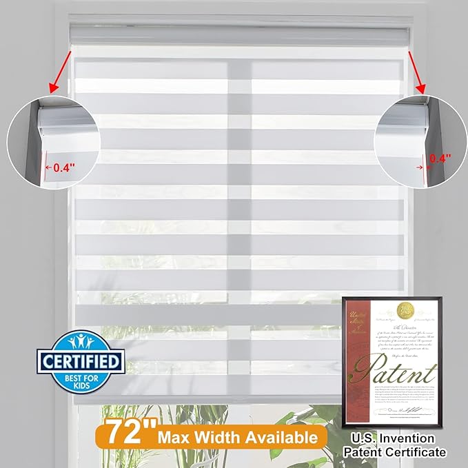 Persilux Cordless Zebra Blinds for Windows, Light Filtering Roller Shades for Windows (56" W x 72" H, White) Light Control for Day and Night, Light Filtering Sheer Shades for Home, Office, Bedroom