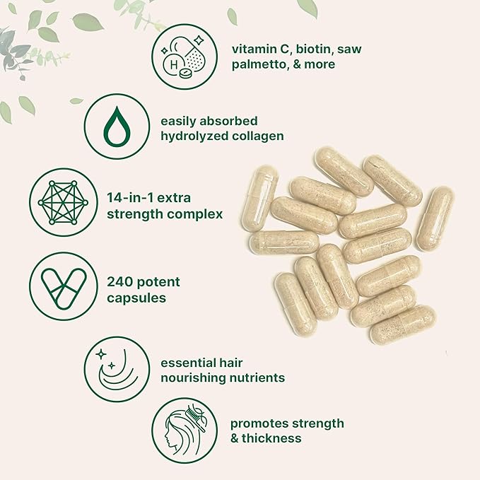 Hair Growth Vitamins Complex, 240 Capsules | 14-in-1 Formula with 5,000mcg Biotin, Collagen, Keratin, Vitamin C, Saw Palmetto, & More | Vitaminas Para El Cabello | Promotes Natural Growth & Thickness