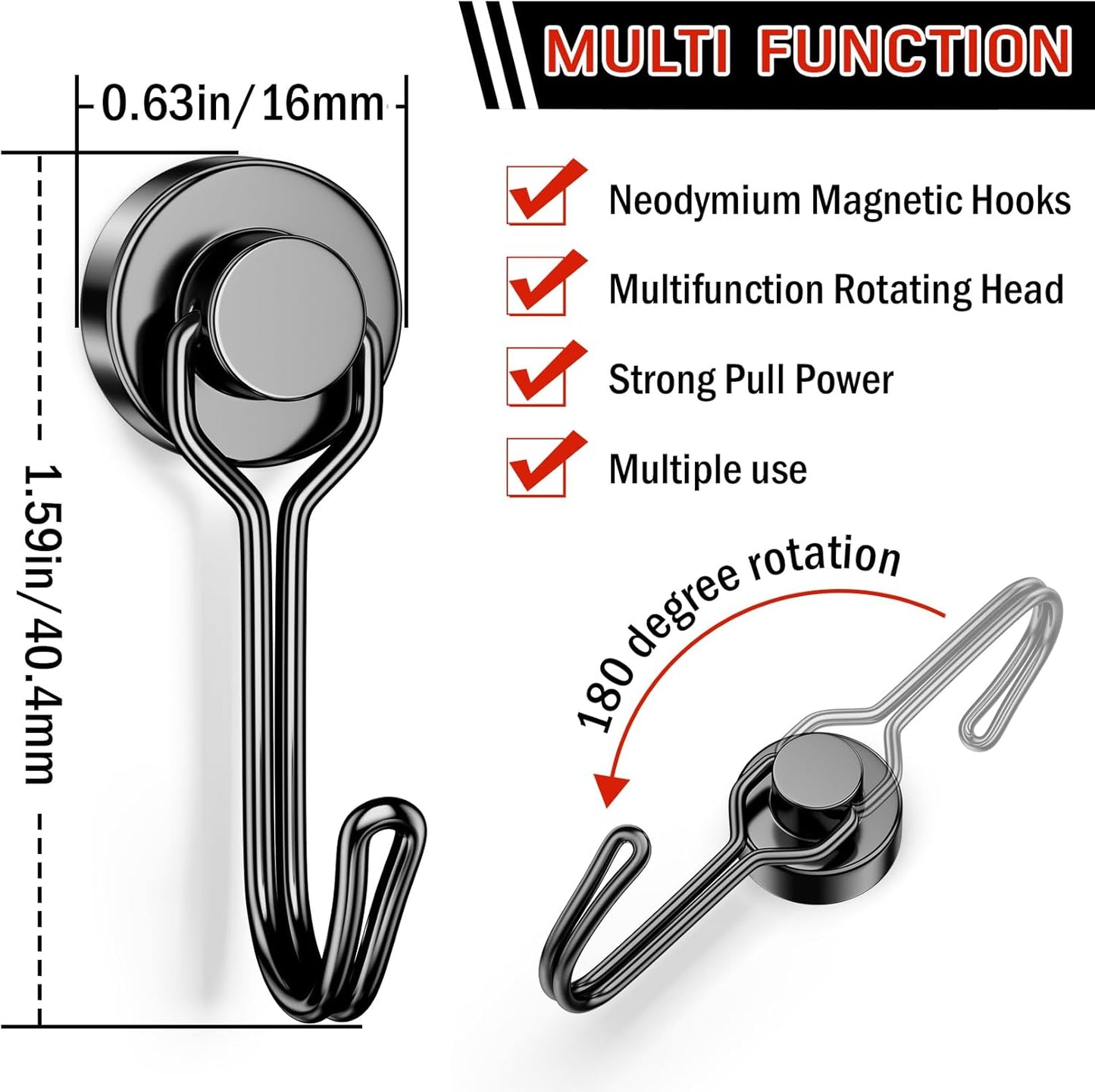 FINDMAG Magnetic Hooks, 30lbs+ Magnetic Hooks for Cruise Cabins, Magnet Hooks Heavy Duty for Fridge, Swivel Swing Hooks for Kitchen, Grill, Garage, Cruise Ship Essentials 6 Pack (Black)