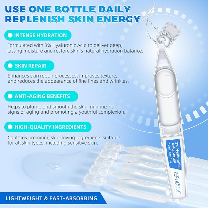 3% Pure Hyaluronic Acid Face Serum, Ultra-Hydrating Vials, Hydrate & Reduce Wrinkles, Fragrance Free 1.2 fl.oz
