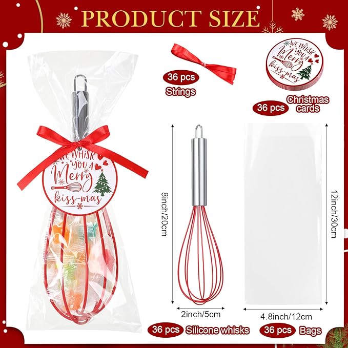 36 Sets 8 Inch Christmas Whisks Gifts DIY Fillable Christmas Tree Ornaments Xmas Colored Silicone Whisks for Cooking Heat Resistant Egg Beaters with Card Rope Bag for Candy Holder