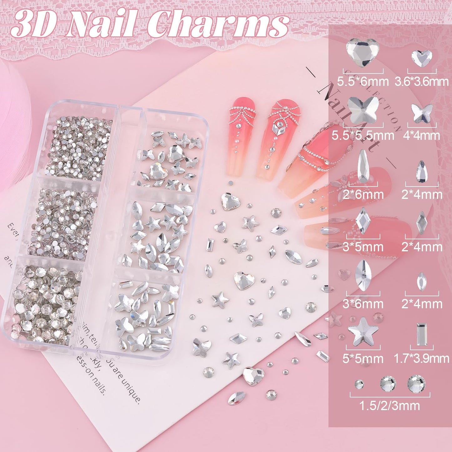 Flatback Pearls (White), Metal Nail Beads (Silver), and Glass Rhinestones (Clear) for Nail Art, Charms, and Round Caviar Beads - Multi Shapes Crystals Gems for Manicure Decor