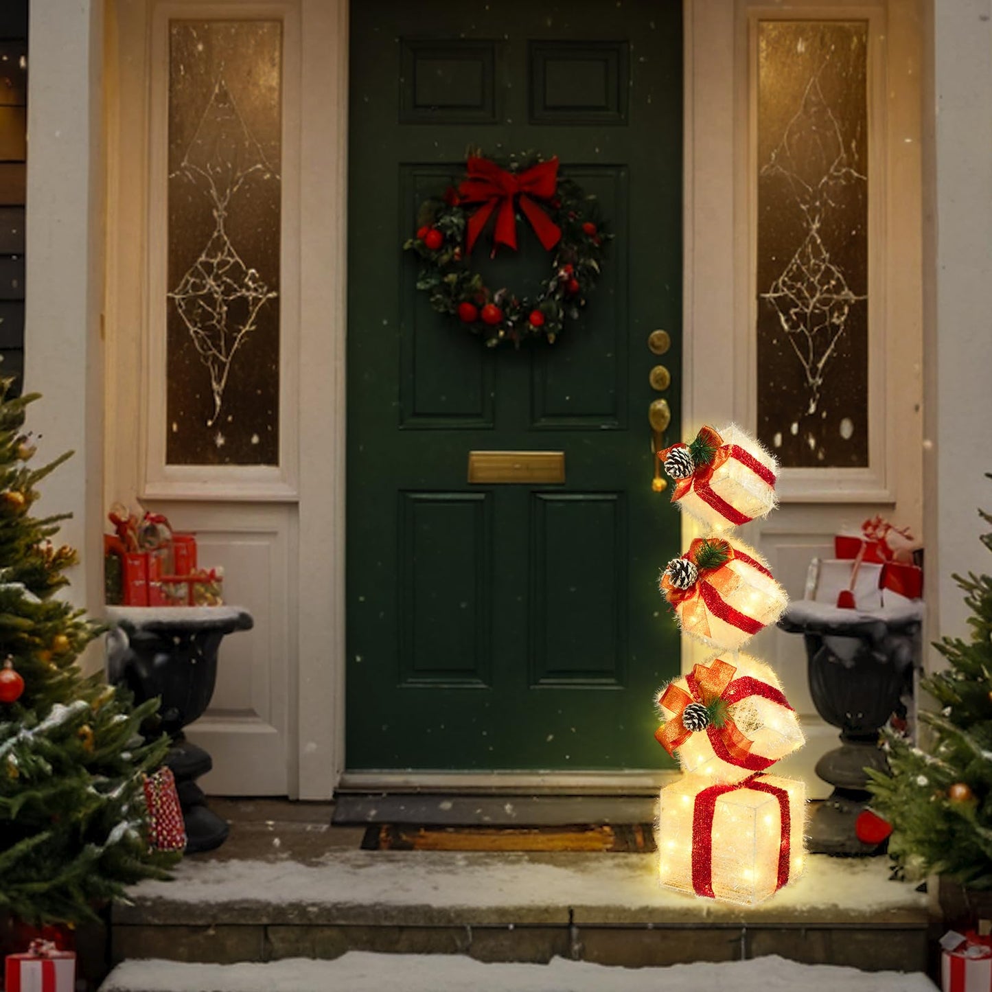COVFEVER Christmas Lighted Gift Boxes Decorations Set of 4, 2.8Ft Stackable Christmas Nesting Boxes Battery Operated for Home and Party Decoration (8"-6"-5"-4", Red Bow)