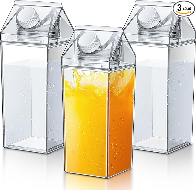Remerry 3 Pcs Milk Carton Water Bottle Square Plastic Coffee Portable Reusable Milk Carton Cup Leakproof Juice Bottle