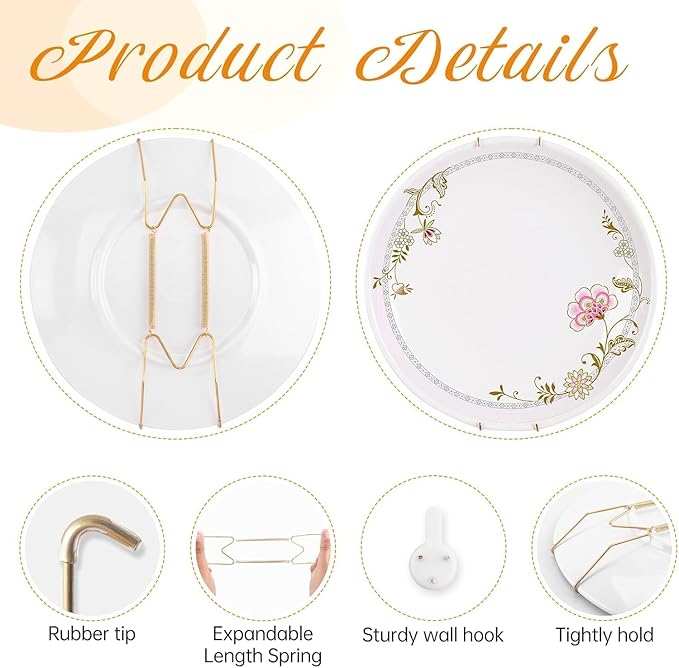 Plate Hangers for The Wall, Suitable for 6-8 inch Decorative Plate, Stainless Steel Wire Plate Holder with Wall Hooks and Rubber tip Protectors, Plate Hangers for Displaying Plates, Platter, Gold