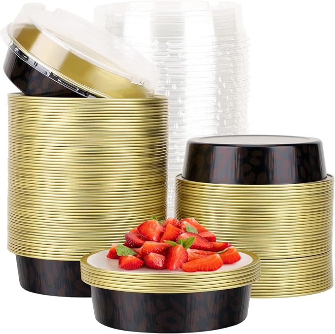 Beasea 100 Pack 4” Mini Pans with Lids, 8oz Disposable Aluminum Baking Foil Tins Round Small Dark Red Spot Container for Individual Cupcake Dessert Muffin Ramekin Cheesecake Quiche Oven Dishes
