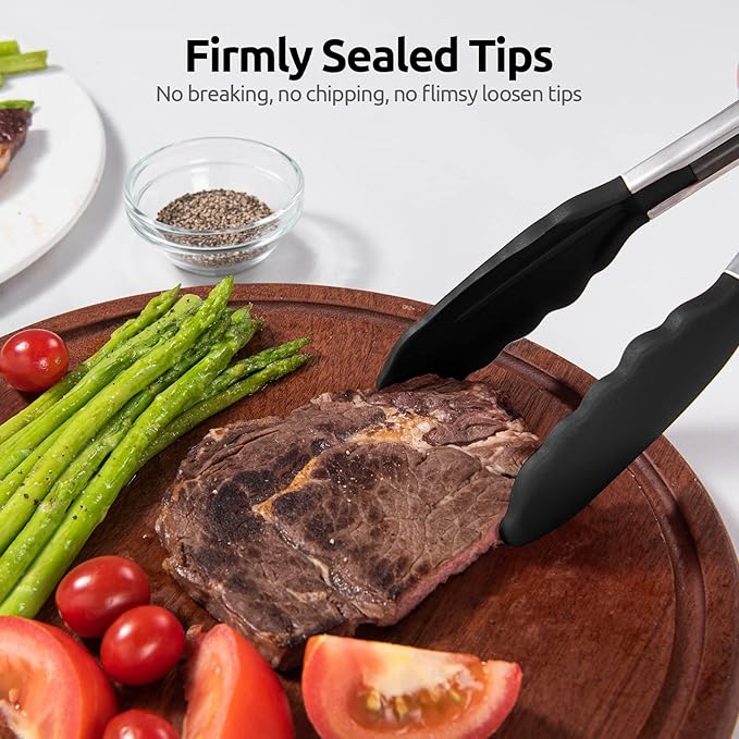Heat Resistant Silicone Kitchen Tong: U-Taste 12 inch Large 480ºF Hot Proof Cooking Tong with Sturdy Non Stick Rubber Tips & Silicon Coated Steel Handle & Smooth Locking for Serving Grill Salad(Black)